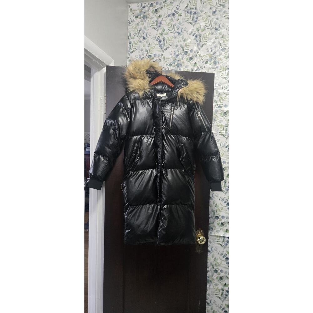 Women’s Black Long Puffer Coat Fur Hood Winter Jacket Size Small